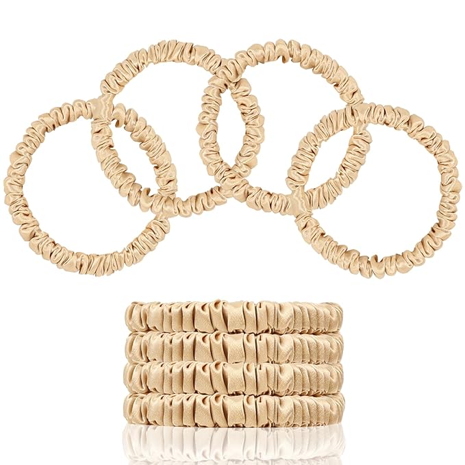 Mulberry Silk Hair Ties 4 PCS, 100% Pure 22 Momme Mulberry Silk Hair Scrunchies for Women Sleep, Elastics Hair Care No Damage, (Champagne Gold*4)