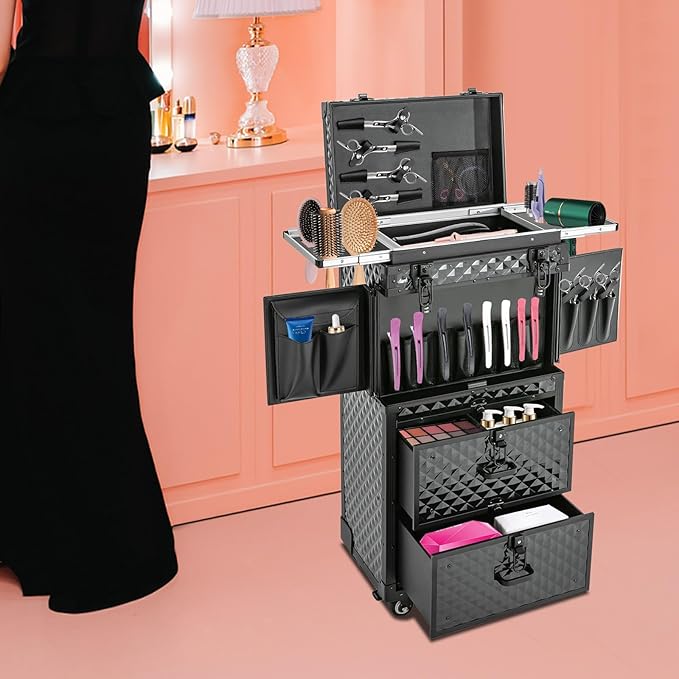 RocoReny Rolling Lockable Makeup Train Case With Metal Universal Wheel, Cosmetic Storage Box Cases, 32In-Retro Travel Organizer Tool Box w/Combination Locks for Stylist, Beauty, Makeup Artist (Black2)
