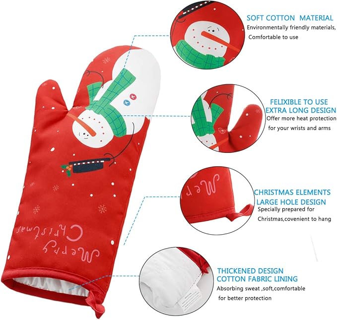 Win Change Oven Mitts and Potholders BBQ Gloves-Oven Mitts and Pot Holders with Recycled Infill Silicone Non-Slip Cooking Gloves for Cooking Baking Grilling (4-Piece Set) (Red Christmas Snow)