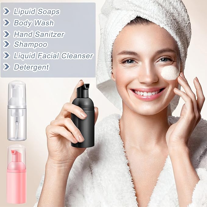 24 Pcs Foam Pump Bottles 1 Oz/ 30 ml Plastic Mini Empty Dispenser Travel Soap Foaming Bottles for Refillable Hand Sanitizer Lash Shampoo(White, Pink, Black)