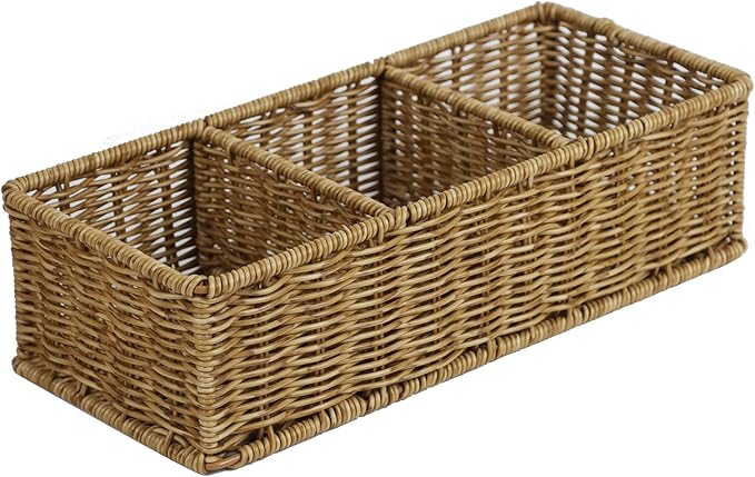 Waterproof Wicker Bathroom Basket with 3 Compartments, Light Brown