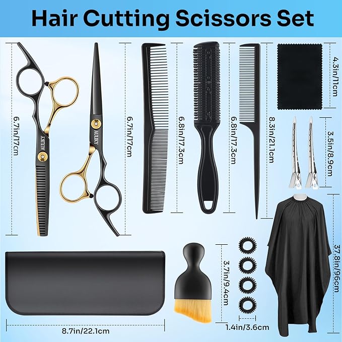 AULikY Hair Cutting Scissors Shears Kits, 15 Pcs Professional Stainless Steel Hairdressing Shears Set Thinning Scissors for Barber/Salon/Home/Men/Women/Kids/Adults