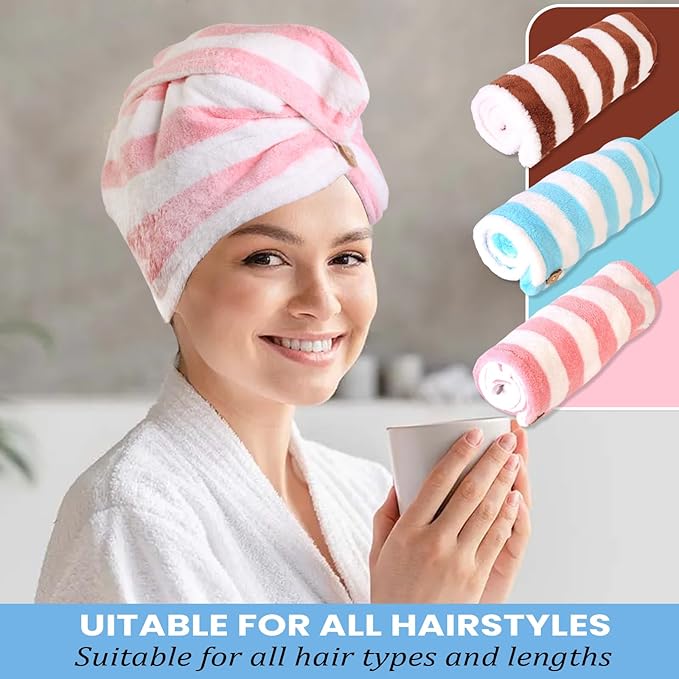 3 Pack Microfiber Hair Towel Wrap for Women, Fast Drying Hair Turban with Button, Anti-Frizz Large Hair Towel for All Hair Styles, Soft & Absorbent Hair Drying Towel