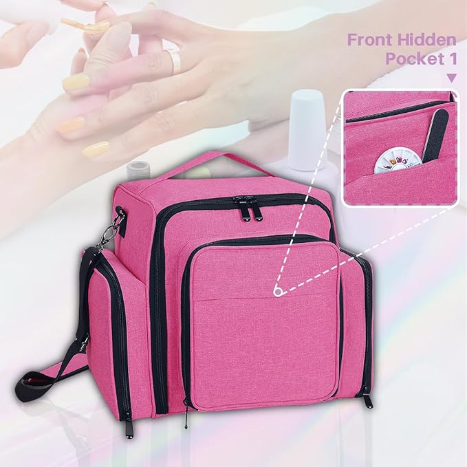 YAHOURWAT Nail Polish Organizer Holds 60 Bottles and a Nail Lamp,Portable Travel Case with 2 Removable Bags and Tools Storage Pockets Rose Red