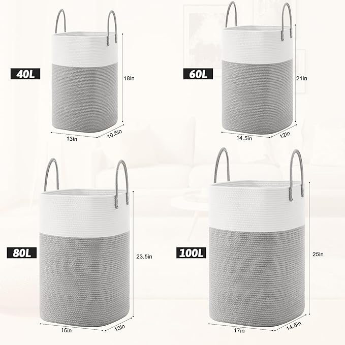 Laundry Basket,Woven Cotton Rope Laundry Hamper,Versatile Storage for Dirty Clothes,Baby Toys,and Blankets in Bathroom, Nursery,and Living Room (Grey, 60L)