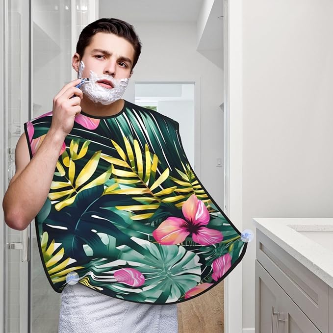 NOUZU Tropical Summer Hawaiian Flower Palm Leaves Print Beard Bib Apron For Men, Beard Hair Catcher For Men Shaving Trimming,Beard Cape Cloth
