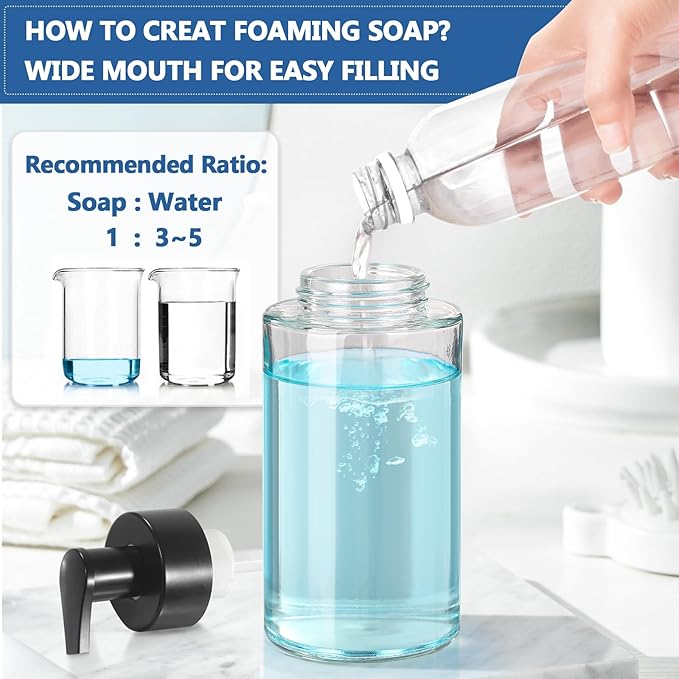Foaming Soap Dispenser, 10 oz/300ml Foaming Hand Soap Dispenser, 2 Pack Glass Foaming Soap Dispenser for Bathroom & Kitchen, Clear Refillable Foam Soap Dispenser Bottle with Waterproof Labels