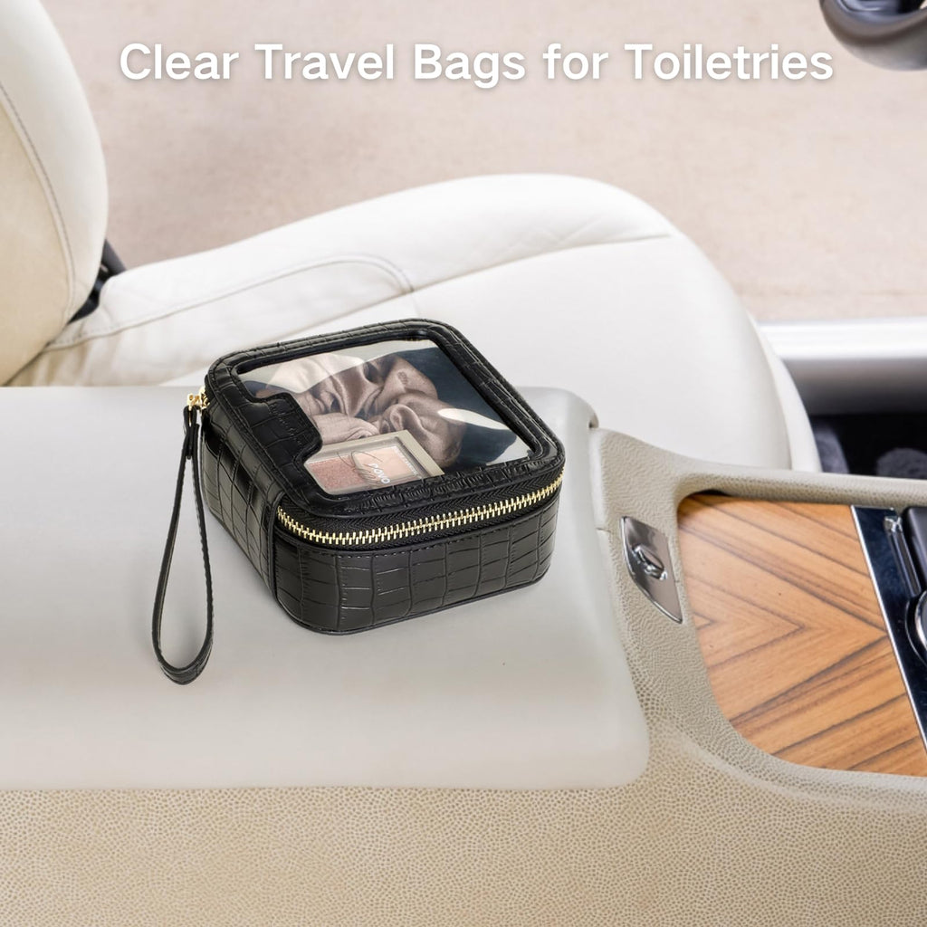 PACKISM Structured Clear Makeup Bag - Faux Leather Cosmetic Pouch with Reinforced Frame, Stand-Up Toiletry Organizer for Purse & Car Console, Mini Black