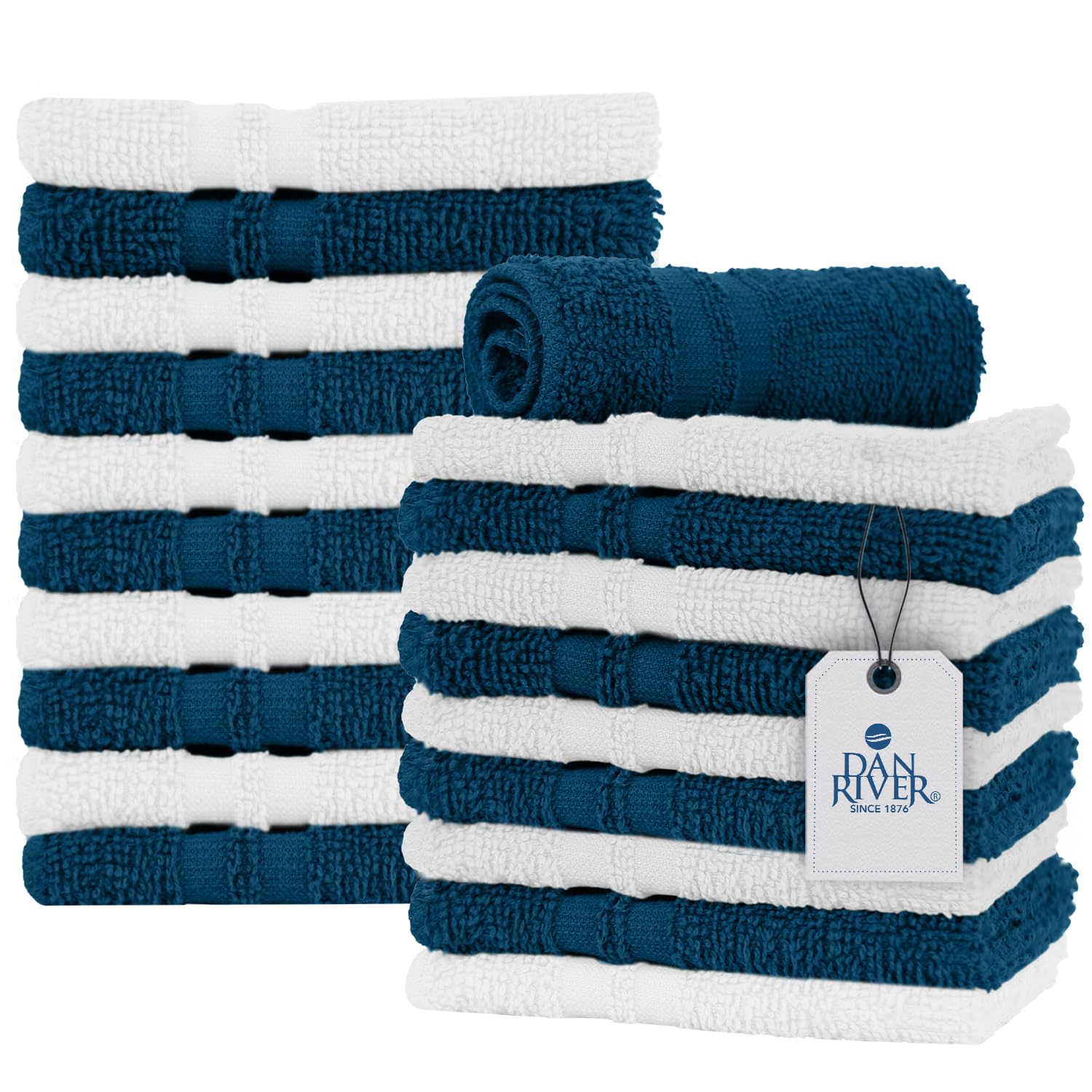 DAN RIVER 100% Cotton Washcloths 20 Pack Premium Quality Face and Body Cloth, Quick Dry Essential Towels for Bathroom, Hand, Kitchen & Cleaning, Baby Washcloths | 11X11 in | 400 GSM | Blue Opal+White