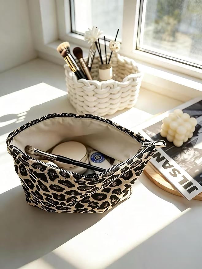 RIKMOXR Brown Leopard Canvas Makeup Bag Organizer for Women & Girls - Large Capacity Travel Toiletry Pouch | Purse Organizer Cosmetic Zipper Bag