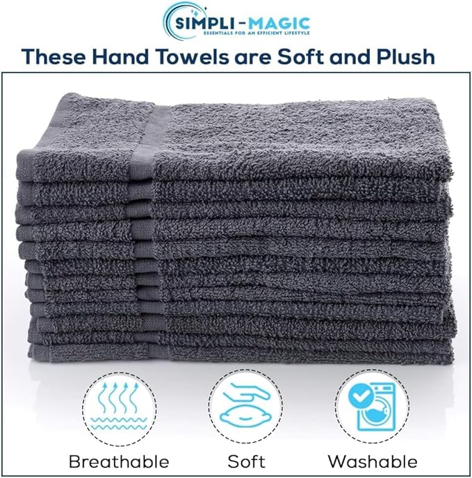 Simpli-Magic Cotton Hand Towels 16"x27" (12 Pack) – Soft Towels for Bathroom, Kitchen, Salon & Gym (Gray)