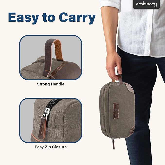 emissary Men's Canvas Travel Toiletry Bag, Leather Dopp Kit - Light Gray