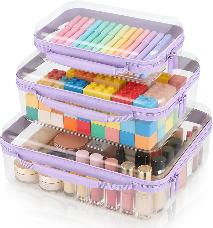 JZRTravel 3 Pack Clear Hard Shell Zipper Case with Handle Waterproof PET Hard Plastic Storage Pouches for Toiletry Makeup Cosmetic Toys Art Supplies Case Bag Organizer Travel Essentials