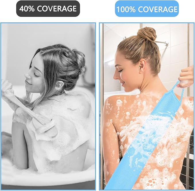 COMNICO 2pcs Exfoliating Back Scrubber, Nylon Shower Bath Exfoliator Extended Length Body Scrub Towel Stretchable Pull Korean Washcloth Strap with Handles