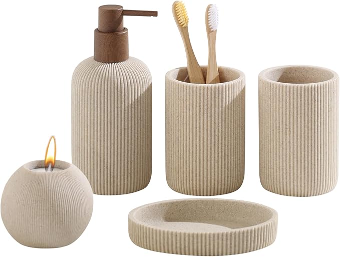 WUUAHOME Bathroom Accessories Set, 5 PCS Sandstone Look Stripe Modern Bath Organizer with Soap Dispenser, Toothbrush Holder, Tumbler, Soap Dish, Candle Holder for Countertop Kitchen Sink (Beige)
