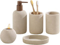 WUUAHOME Bathroom Accessories Set, 5 PCS Sandstone Look Stripe Modern Bath Organizer with Soap Dispenser, Toothbrush Holder, Tumbler, Soap Dish, Candle Holder for Countertop Kitchen Sink (Beige)