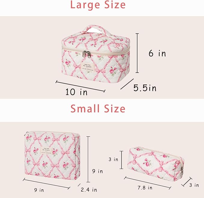 uekeboag 3Pcs Large Travel Quilted Makeup Bag for Women, Floral Cotton Cosmetic Bag, Coquette Aesthetic Floral Toiletry Organizer Bag(3Pcs PinkBow