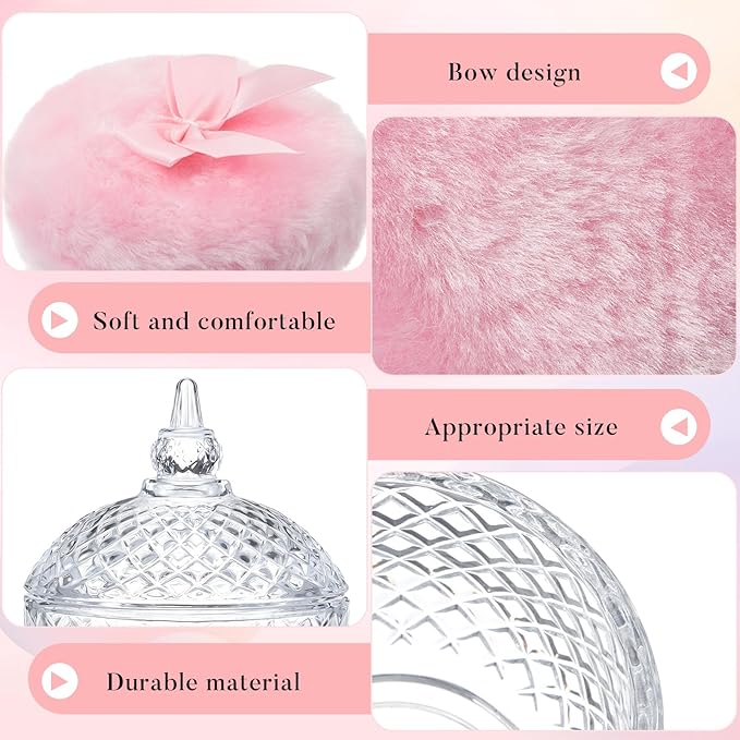 Tioncy 3 Pcs Large Body Powder Puff and Container Birthday Gift for Women, Soft Velour Face Body Glitter Puff with Crystal Glass Case, Wet Dry Makeup, Washable Reusable (multi-faceted Cut, Clear)
