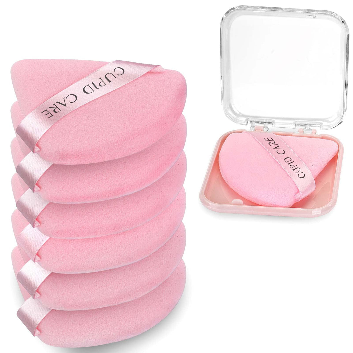 CUPID CARE 6 Pcs Triangle Powder Puff with 2 Travel Cases, Setting Powder Puffs for Face Powder and Foundation, Velour Makeup Puff for Loose Powder Body Powder, Skin-Friendly, Beauty Makeup Tools-Red
