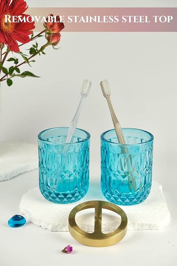 LaMarriti Teal Blue Bathroom Accessories Set, 5Pcs Clear Glass Bathroom Set, Hand Soap Dispenser Set, Soap Dish, Toothbrush Holder, Tumbler, Q-Tips Holder for Crystal Vantage Bathroom Decor