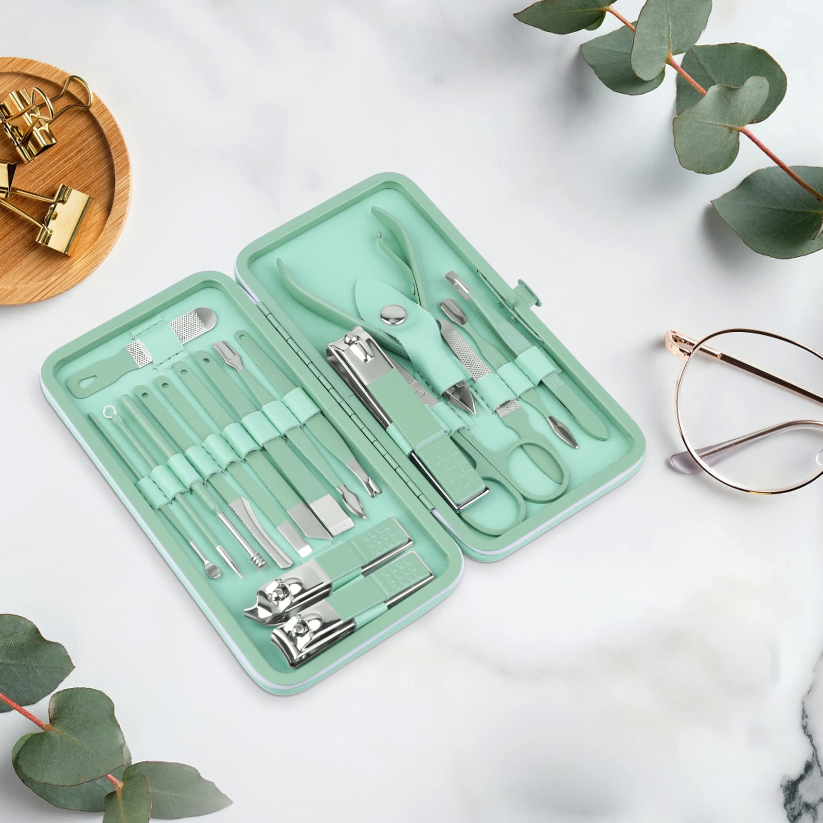 Teamkio 18pcs Manicure Set Pedicure Nail Clippers Set Travel Hygiene Kit Stainless Steel Professional Cutter Care Set Scissor Tweezers Knife Ear Pick Tools Grooming Kits with Leather Case