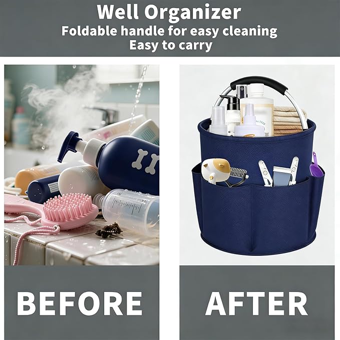 Felt Pet Dog Grooming Bag, Small Pet Grooming Tote Bag, 6-pocket Dog Grooming Supplies Organiser, Travel Outdoor Hold for Clippers Nail Grinder, Cleaning Brush, Trimmer, Nozzle, Blue