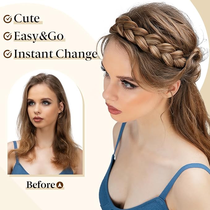 CJL HAIR 2PCs Braided Headbands Hair Piece for Women Synthetic Hair Hoops Head Bands Handmade Braid Hairband Accessories Elastic Stretch Headwrap White