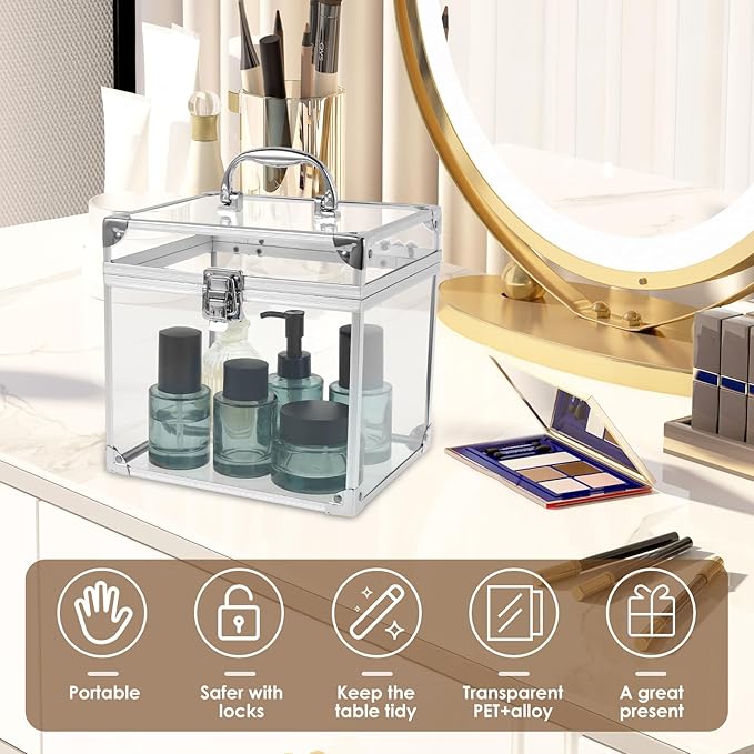 Fizocosisto Makeup Box,Clear Cosmetic Case with Latches and Handle Large Capacity Toiletry Organizer Box Travel Makeup Tools for Vanity Bathroom Counter Dresser(silver)