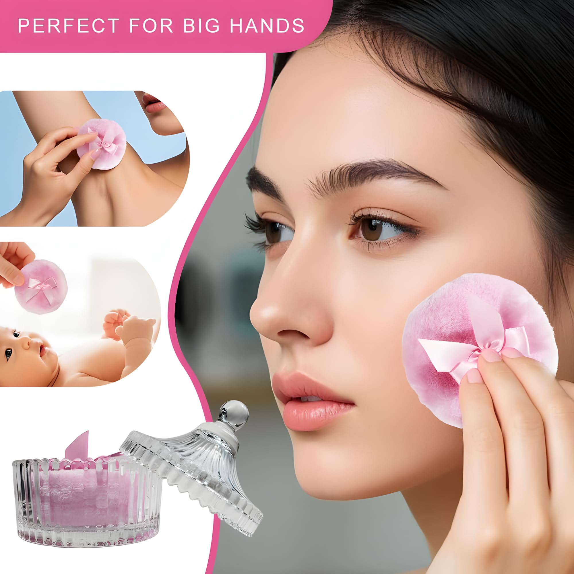 Habitable tree 2 Pcs Large Body Powder Puff and Container Powder Container with Puff Powder Puff Crystal Container Soft Washable Reusable Velour Face Body Glitter Powder Puff Wet Dry Makeup (Pink)