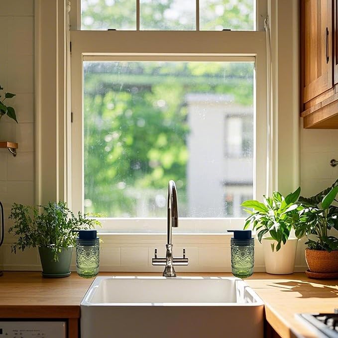 Foaming Hand Soap Dispenser,Vintage Glass Soap and Lotion Dispenser for Bathroom,Kitchen Dish Soap Dispenser with Silver Foam Pump,Cute Farmhouse Antique Decor (Green+Foam Pump)