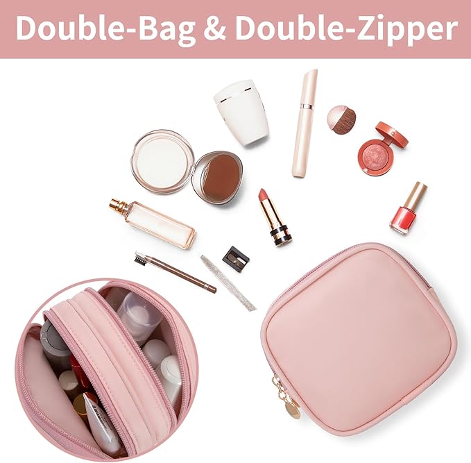 XIAOLER Small Makeup Pouch, Double Zipper Cosmetic Bag, Travel Makeup Bag, Cute Makeup Bag for Purse, Mini Toiletry Bag (pink)