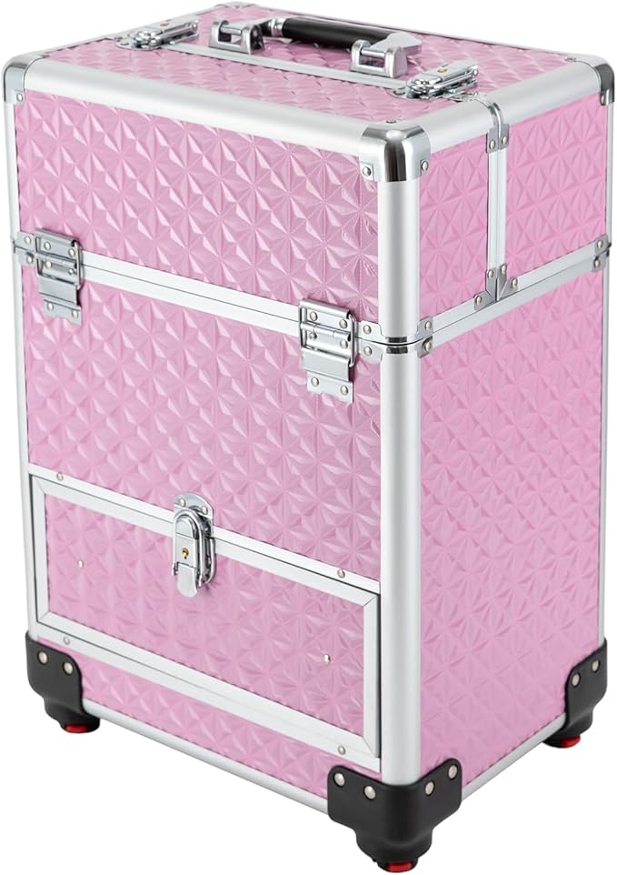 RocoReny 3in1 Rolling Makeup Train Case,Aluminum Trolley Case with 360° Rotation Wheels for Professional Salon Barber Traveling Cart Trunk Cosmetic Beauty Storage (Pink 18.5in)