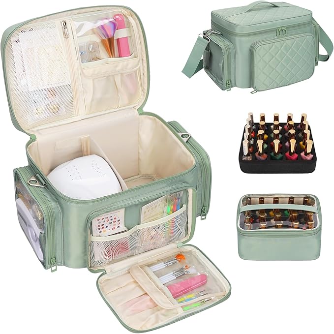 Bagmoly Nail Polish Organizer, Nail Polish Storage Holds 42+ Bottles & Nail Lamp, Portable Travel Nail Kit Storage Carrying Case Fits Nail Suppiles, Gift for Manicurist, Grils - Green