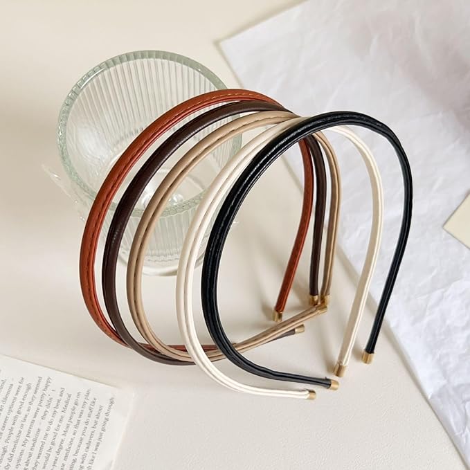 WOVOWOVO 5Pcs Thin Leather Headbands for Women Fashion Hair Bands for Women's Hair Non Slip Black Brown Skinny Headbands Cute Accessories for Women