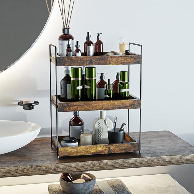 SANRETAHO 3-Tier Wood Bathroom Counter Organizer, Kitchen Spice Rack