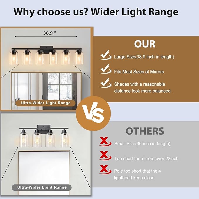 IZORRO Modern Bathroom Light Fixtures, 6 Light Black Vanity Lights, Bathroom Lighting Fixtures Over Mirror with Clear Glass for Living Room Cabinet Bedroom