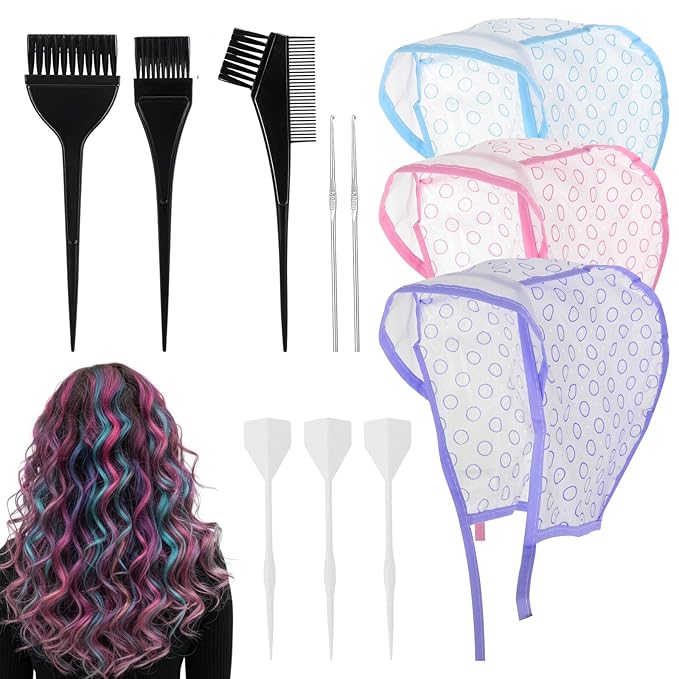 6 Pcs Highlight Cap And Hook Kit Hair Cap For Highlights Multi-Color Hair Highlighting Caps With Hair Dye Brush And Hook Highlight Hair For Home Use Salon Hair Dyeing Hairdressing