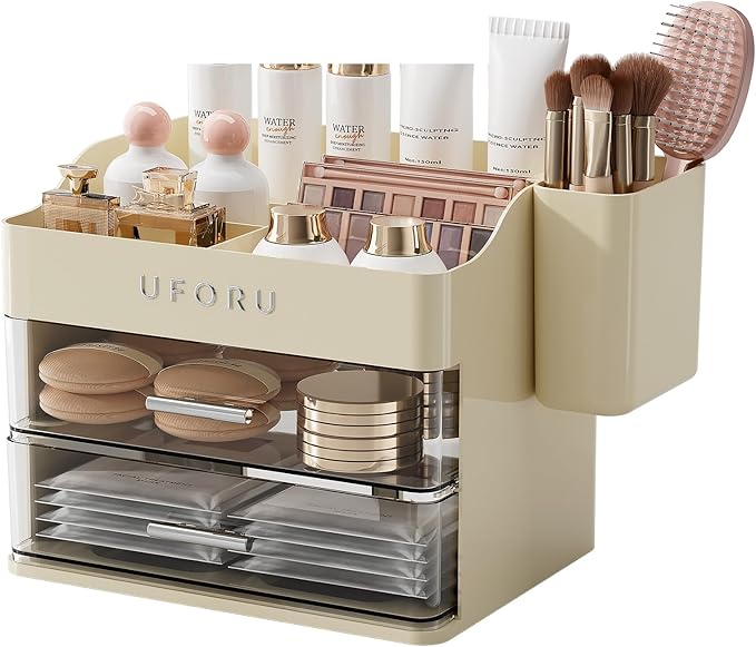 UFORU Makeup Organizer for Vanity with Brush Holder, Countertop Skincare Organizer with 2 Drawers, Spacious Cosmetic Display Case for Perfumes, Eyeshadow Palettes, Nail Polishes