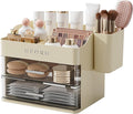 UFORU Makeup Organizer for Vanity with Brush Holder, Countertop Skincare Organizer with 2 Drawers, Spacious Cosmetic Display Case for Perfumes, Eyeshadow Palettes, Nail Polishes