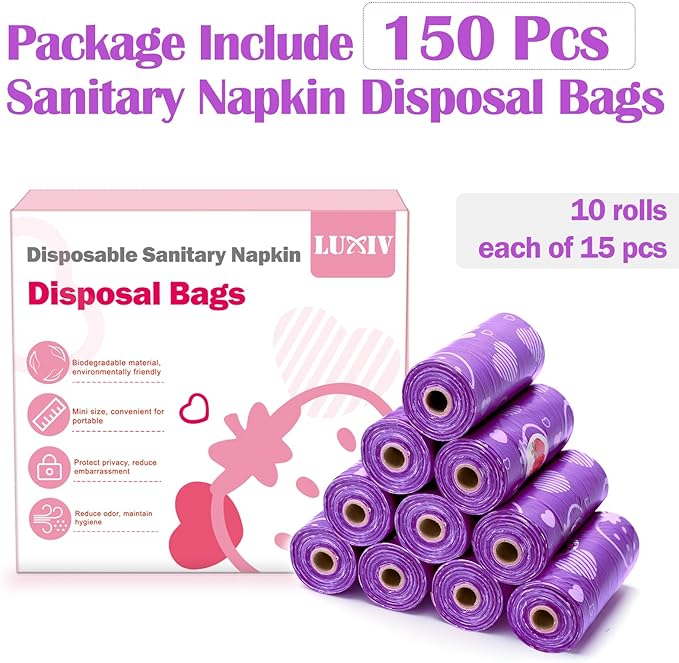 150Pcs Sanitary Napkin Disposal Bags, Luxiv Pink Disposable Sanitary Bag Personal Care Disposal for Tampons Trash Bag, Disposable Mini Bags for Women Privacy Handling Bag Diaper Sack (Purple)