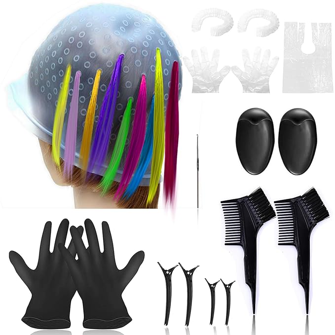 Silicone Highlight Caps for Color Hair, 17Pcs Highlighting Caps with Hooks Reusable Salon Hairdressing Dyeing Staining Tools for Women Men