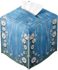 White Flowers Daisy Tissue Box Cover Rustic Floral Wooden Square PU Leather Waterproof Tissue Box Holder for Bathroom Kitchen Bedroom Vanity Countertop Night Stands
