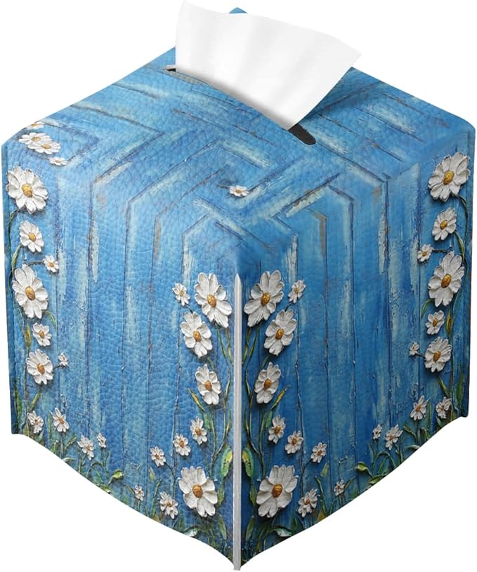 White Flowers Daisy Tissue Box Cover Rustic Floral Wooden Square PU Leather Waterproof Tissue Box Holder for Bathroom Kitchen Bedroom Vanity Countertop Night Stands