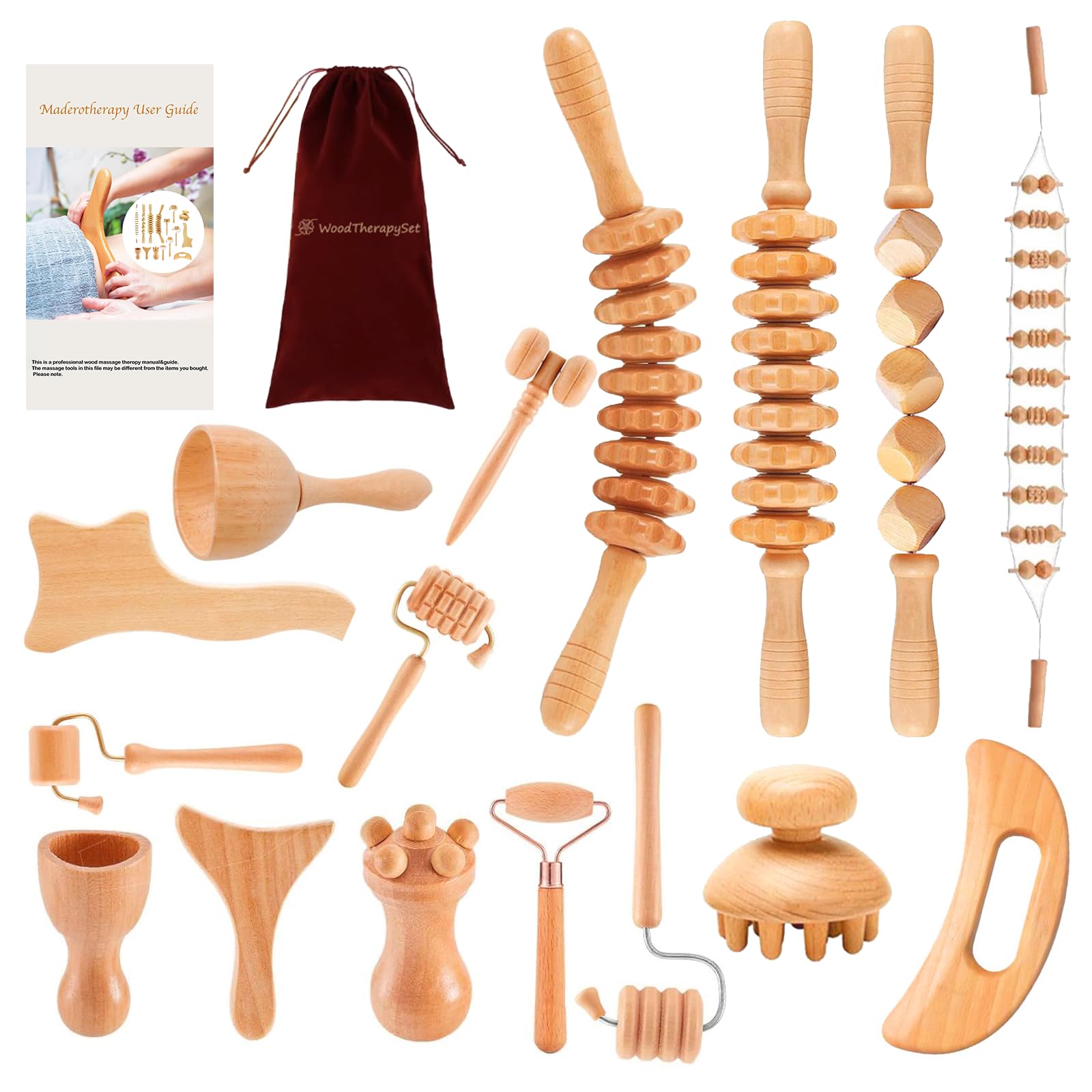 Ollixtec 16-in-1 Wood Therapy Massage Tools Gua Sha, Maderoterapia Kit Muscle Pain Relief, Lymphatic Drainage, Body Sculpting Kit with Facial Wood Roller Fascia Massage