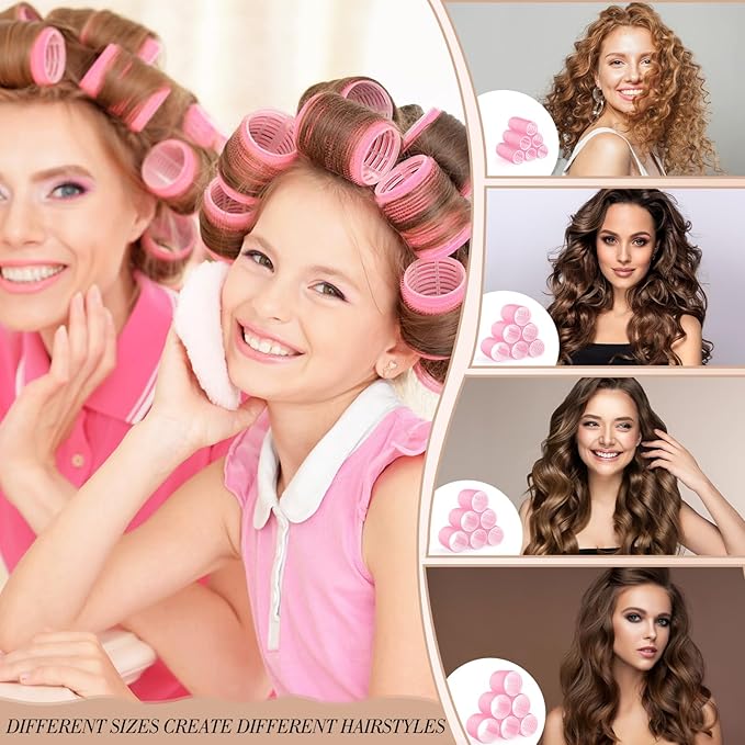 Obeoby 4 Sizes Hair Rollers for Women, Hair Curlers with Clips Comb Curlers for Long Short Curly Hair and Bangs (25, 36, 48, 60mm), Pink Gifts