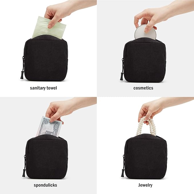 ZOEMTIU Small Makeup Bag for Purse,Mini Cosmetics Bag cute Zipper corduroy Cosmetic Pouch Storage Pouch Travel Toiletry Organizer for Women Girls(Black)