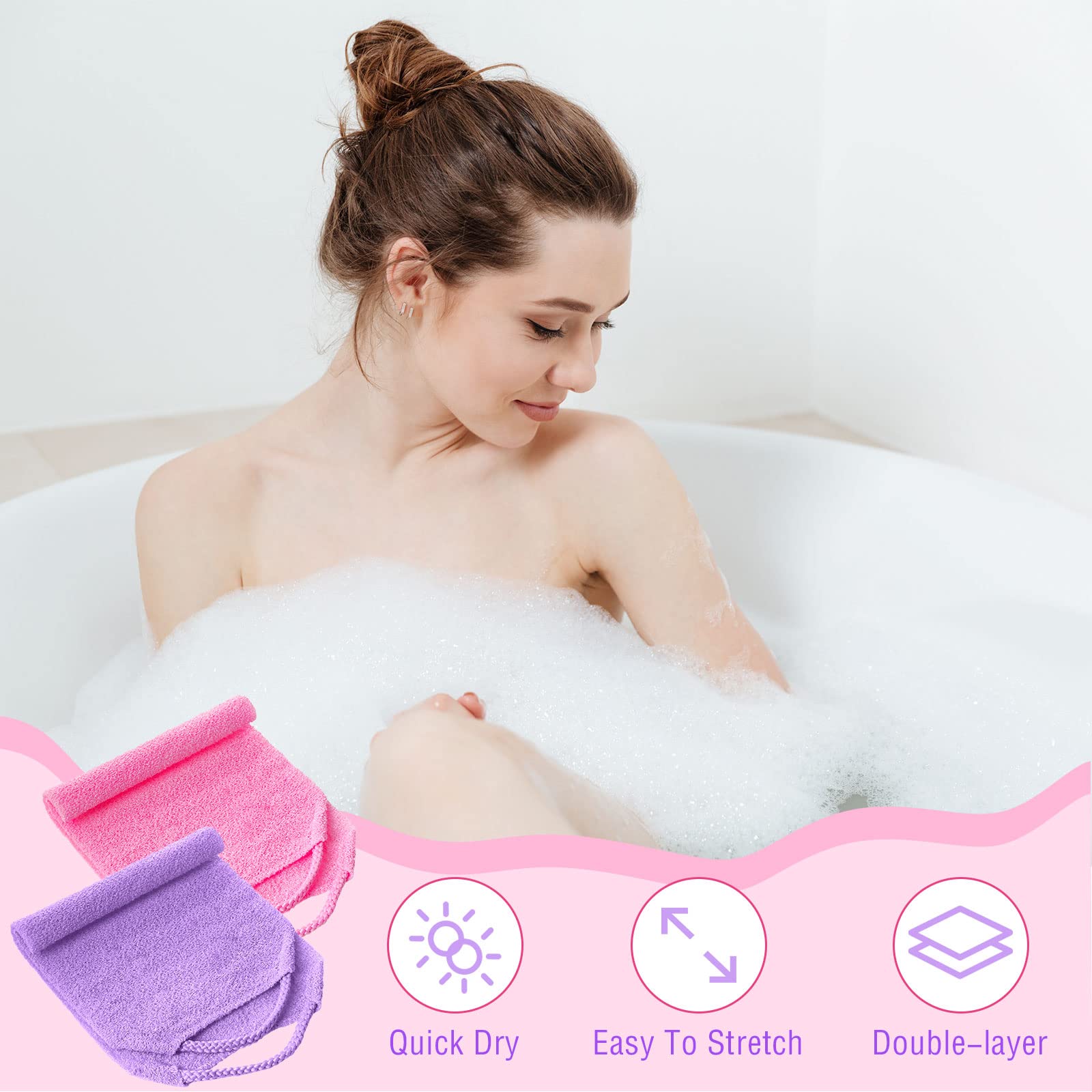 Exfoliating Back Scrubber with Handles for Shower for Women Exfoliating Back Cloth Body Extended Length Scrubber Towel Nylon Stretchable Pull Strap Wash Cloth for Bath Body 2 Pack