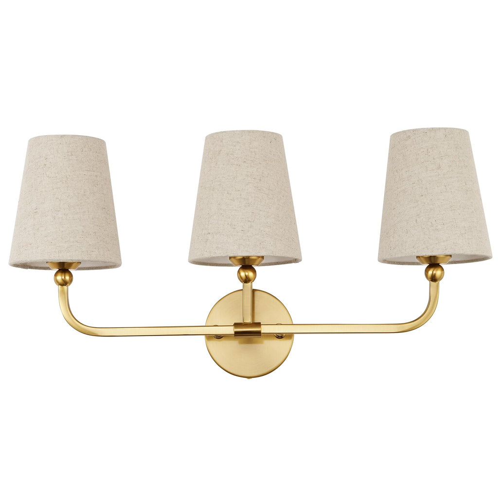 METWET 3-Light Brushed Gold Bathroom Vanity Light, Brown Linen Fabric Shade