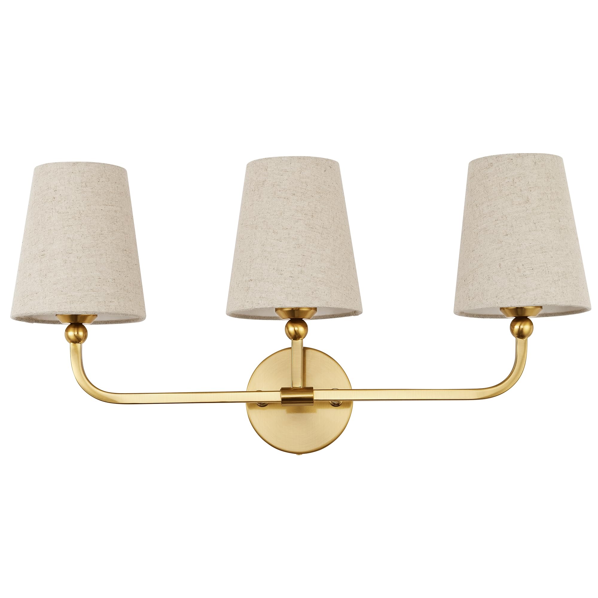 METWET 3-Light Brushed Gold Bathroom Vanity Light, Brown Linen Fabric Shade