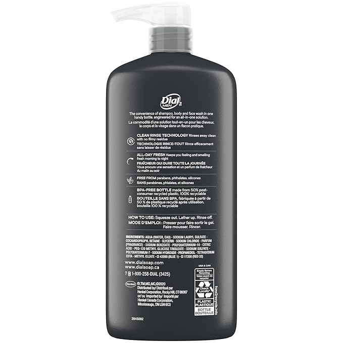 Dial Men 3 in 1 Body, Hair and Face Wash, Refresh, 23 Fl Oz, Pack of 3, Cleanses Deep + Gentle on Skin with Clean Rinse Technology